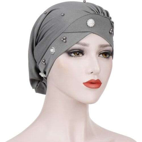 Muslim Turban Islamic Inner Hijab Caps Forehead Cross Pleated Beads Hat Nightcap Chemotherapy Cap Scarf Arab Wrap Head Scarves