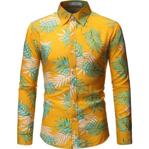 Mens Leaf Printed Hawaii Shirt 2020 Brand New Fashion Long Sleeve Mens Dress Shirts Slim Fit Party Casual Camisa Masculina 2XL