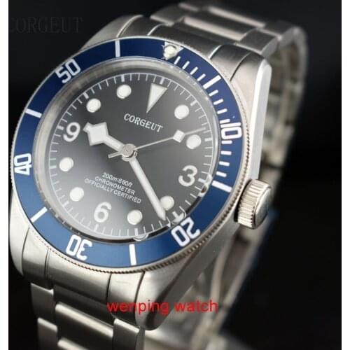 Corgeut 41mm BLUE Bezel black 3 6 9 sterial dial white marks sapphire glass bracelet Automatic watches men E2414