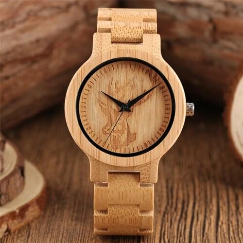 Handmade Natural Wooden Men Casual Wristwatch Creative Deer Pattern Design Dial Portable Timepiece Quartz Clock Full Wood Bangle
