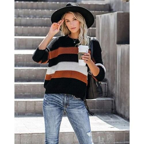 Autumn and winter new womens intermediate color stitching sweater Pullover ol commuting large loose sweater for women