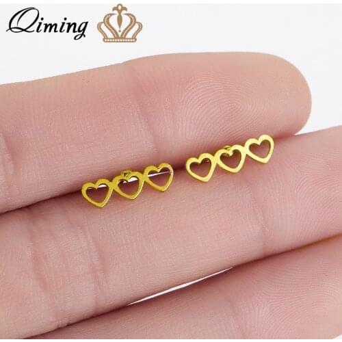 QIMING Hollow Heart Love Earrings For Girls Women Girlfriend Gift Gold Statement Jewelry Fashin Stud Earrings Baby Children