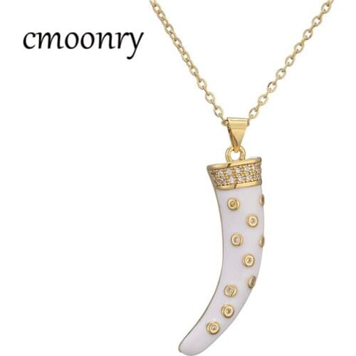 Cmoonry Luxury Full Cubic Zirconia Pave Setting Wolfs fang Pendant Necklace For Women Vintage Bohemian Style Party Jewelry Gift