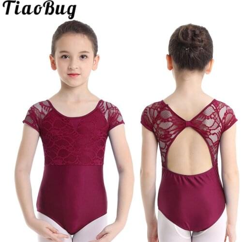 TiaoBug Kids Teens Floral Lace Cutout Sports Bodysuit Professional Ballet Gymnastics Leotard Children Girls Practice Dance Wear