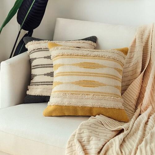 Cotton Woven cushion cover Tufted pillow cover Yellow Bla Moroccan Style Handmade for Home decoration Sofa Bed 45x45cm Geometric