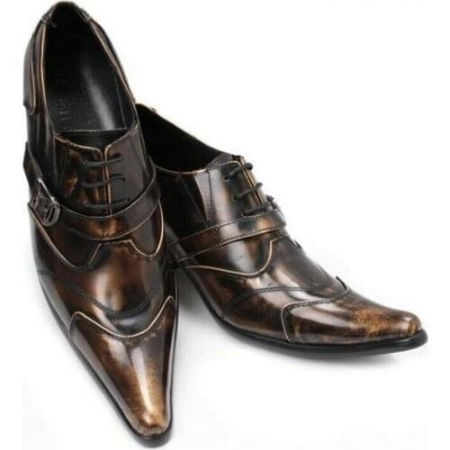 Vintage Men Pointy Toe Buckle Lace Up Oxfords British Heel Shoes Genuine Leather Brogue Wingtip Business Plus Size New 2021