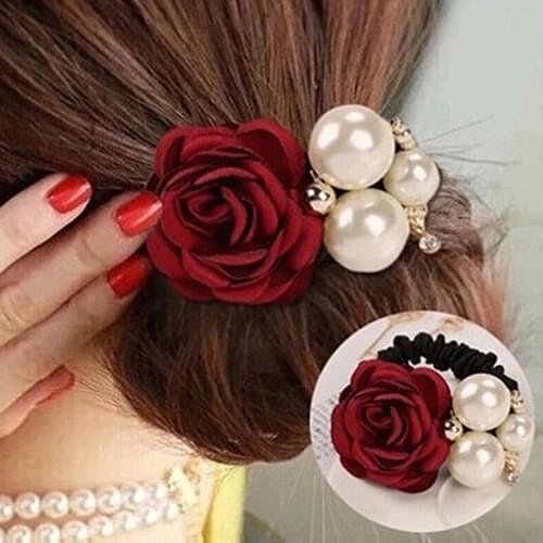 Womens Satin Ribbon Rose Flower Faux Pearls Hairband Ponytail Holder Hair BandHot