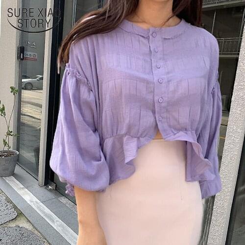 2021 Autumn New Casual Single Breasted Solid Women Blouse Cardigan O Neck Ladies' Tops Lantern Sleeve Cotton Shirts Women 10153