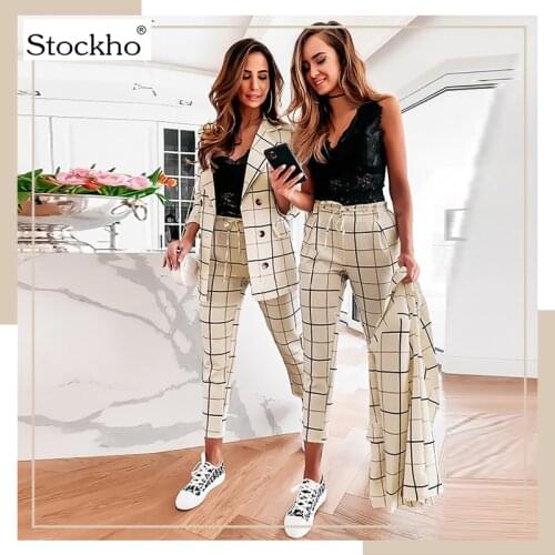Womens Spring Autumn Trousers Suits Fashion Plaid Professional Suits Women Casual Trousers Set Office Commuter Slim-Fitting Top