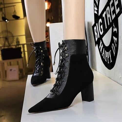 2020 autumn new retro fashion platform high heel womens shoes suede pointed lace sexy cross lace short boots
