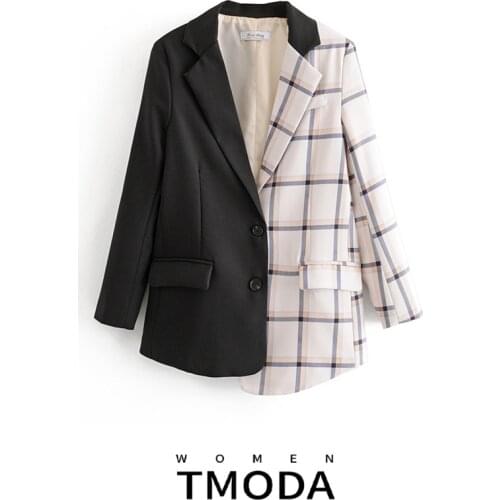TMODA635 2021 Autumn Za Women Patchwork Plaid Blazer Female Long Sleeve Elegant Jacket Ladies Blazer Formal Suits
