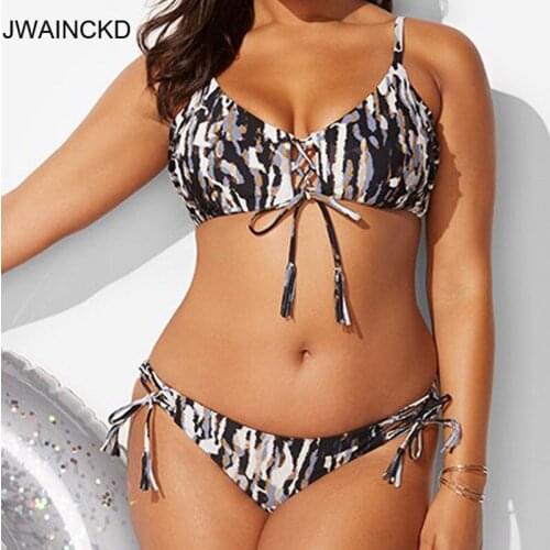 JWAINCKD Swimsuit Women Plus Size Bikini Set Bandage Printed Padded Push Up Swimwear Beachwear Larger Size Biquini 2019 Mujer