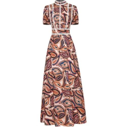 High Quality New Nice Vogue Womens Vintage Stand-Up Collar Short SleeveBohemian Printed Patchwork White Lace Maxi Long Dress