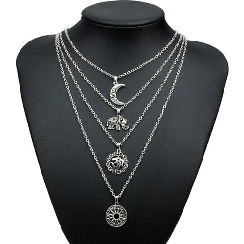 Womens Vintage Alloy Moon Elephant Pendant Multi Elemental Necklace Multi Layer Chain Jewelry For Women 2018 New Jewelry Gift