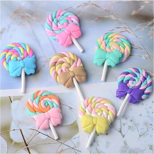 10 Pcs/lot 28*42MM Kawaii Soft Clay Rainbow Lollipop Cabochons Handmade Resin Material DIY Hair Bow Decorative