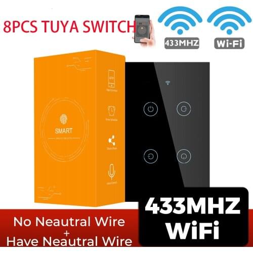 8PCS tuya US Smart Wifi Touch Switch Smart Home 1/2/3/4 Gang Light Switch 220V Support Alexa 433RF Remote