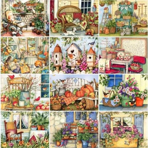 AZQSD Diamond Embroidery House Cross Stitch Full Drill Rhinestones Needlework Diamond Painting Landscape Mosaic Home Decor Gift