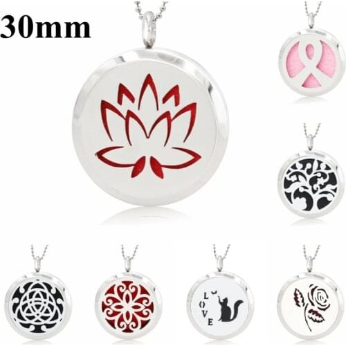 Free 10pads! Lotus Flower Ribbon 30mm Stainless Steel Essential Oils Aromatherapy Diffuser Locket Pendant fit Necklace
