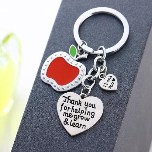 Thanksgiving Teachers Keychain Gift Apple Love Heart Charm Keyring Thank You For Helping Me Grow&Learn Key Chain Teacher Jewelry