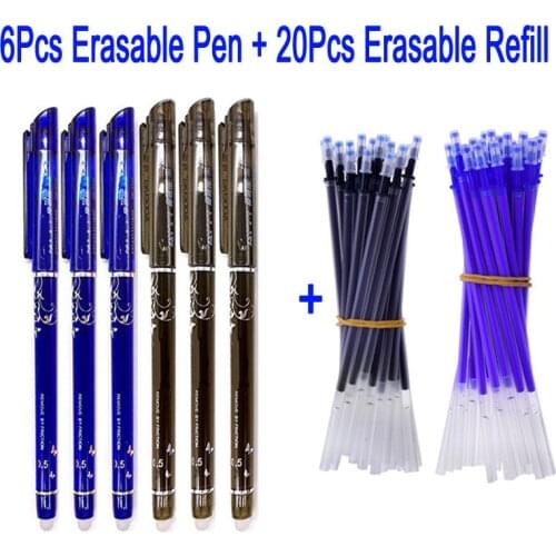 DELVTCH 0.5mm 6+20Pcs/Set Erasable Pen Refill Rod Blue Black Erasable Gel Pen Ink Handle For School Office Writing Tools