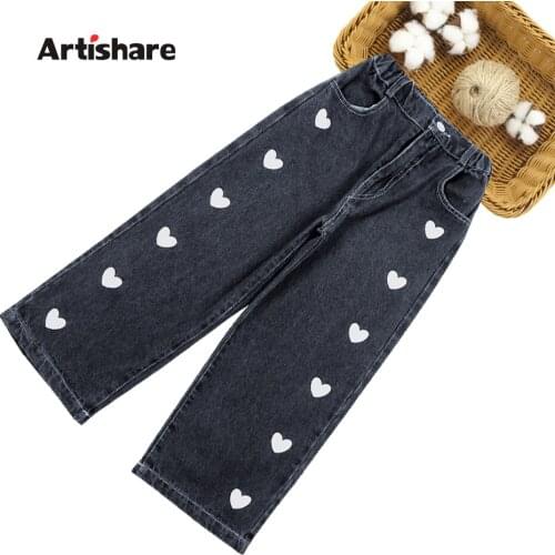 Jeans Girl Heart Pattern Girl Jeans Kids Autumn Denim Trousers For Children Teenage Clothes For Girls 6 8 10 12 14