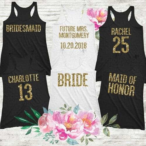 Customized name with number wedding Bride Bridesmaid t shirts tees Matron of honor Bachelor party bridal tanks tops favors