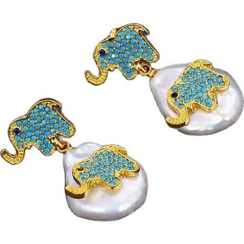 JK Cultured White Coin Pearl Cz Elephant pave Earrings