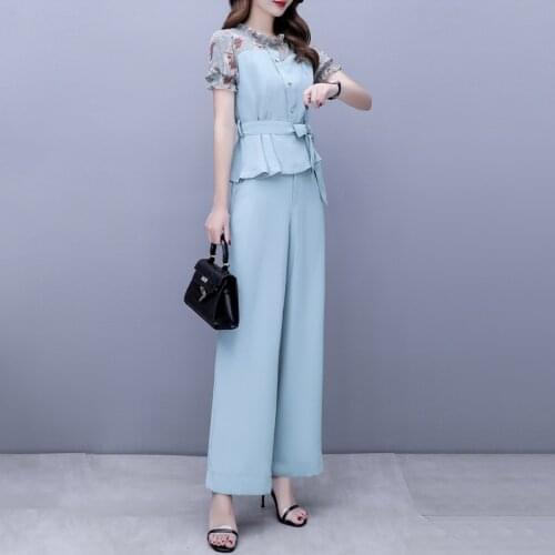 Elegant Pants Sets Female 2020 Summer Hepburn Temperament Fashion Tops Wide-leg Pants Light Cooked Wind Two-piece Suit Z652