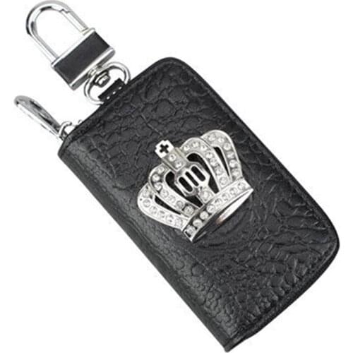 Leather Crystal Crown Car Key Case Key Organizer Storage Bag Brief Zipper Auto Key Holder Covers Drivers License Bag