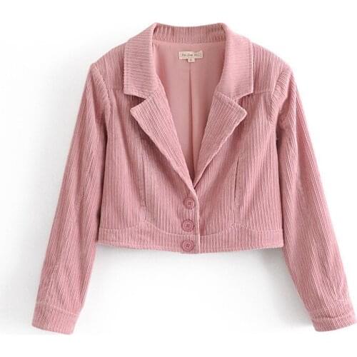 Merodi Autumn Cute Ladies Vogue Corduroy Pink Short Blazers Female Elegant Single Breasted Slim Jackets Girls Pad Outwear Chic