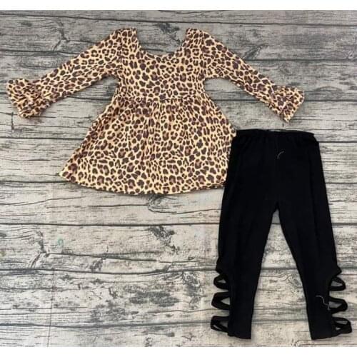 Fashion Baby Girl Two Pieces Boutique Set Long Sleeve Cheetah Tunic Black Cotton Legging