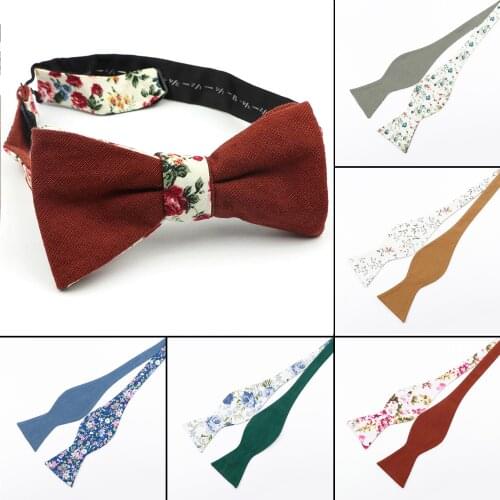 New Fashion Two-Color Adjustable Self Bow Tie Mens 100% Cotton Dot Floral Solid Butterfly Wedding Party Double Sides Available