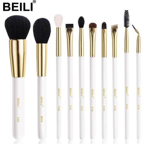 BEILI 10 pcs Professional Pearl White Makeup Brushes Set Natural Hair Foundation Highlight Eyebrow Eye Shadow Make up Brushes