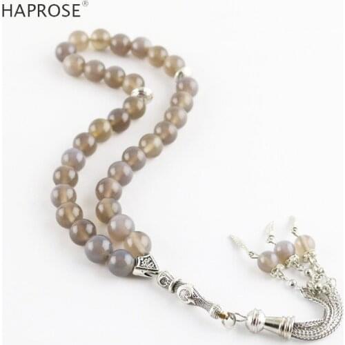 Natural agate Islamic Tasbih Allah Rosary Muslim bracelets 33 beads 6-10mm gray agate stone tesbih Bracelet free shipping