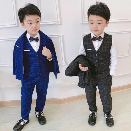 Autumn Children Formal Suit Set Flower Boys Plaid Blazer Vest Pants 3pcs Clothes Set Kids Party Wedding Piano Show Costume