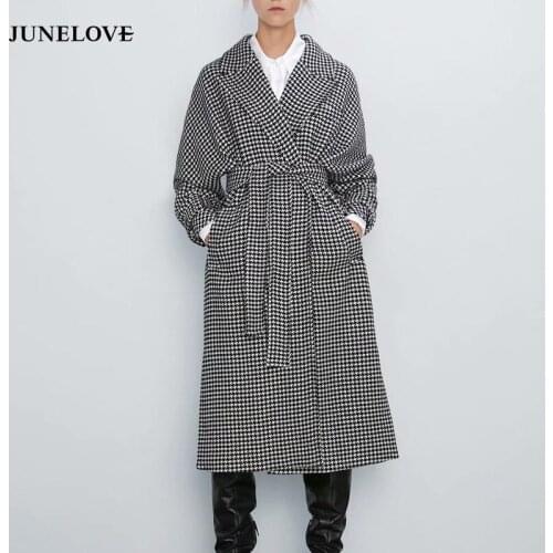 JuneLove Women Autumn Long Sleeve Wool Blends Vintage Plaid Female Sashes Loose Long Coat Casual Street Turn-Down Collar Outwear