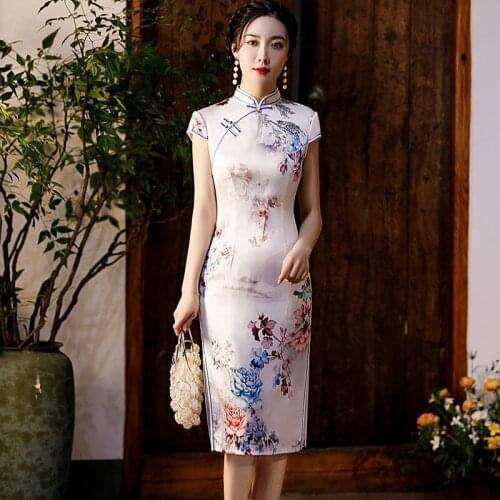 Elegant Slim Qipao Women Sexy Mandarin Collar Print Chinese Dress Traditional Oriental Knee-Length Cheongsam Slit Dress Gown