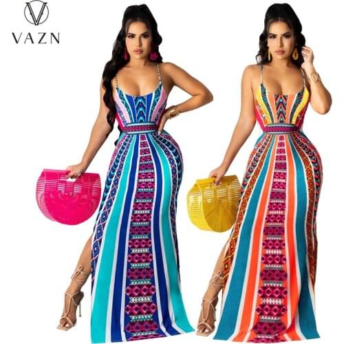 VAZN Long Dresses New Arrival Summer Boho V-Neck Sleeveless Party Beach Print Maxi Dress Casual Sundress