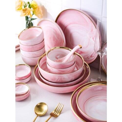 Pink Phnom Penh Marble Ceramic Tableware Bowl Plate Household Dish Rice Soup Noodles Spoon Creativity Zestaw Obiadowy Talerze