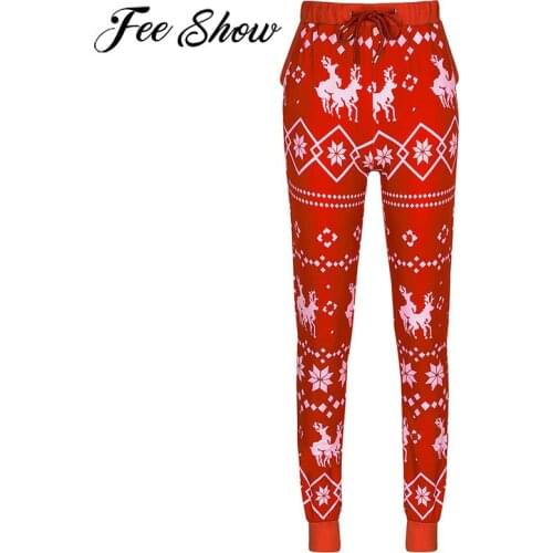 Women Men Unisex Christmas Jogger Pants Casual Loose Sport Wear Geometric Xmas Deer Printed Trousers Bottoms With Pocket Clothes