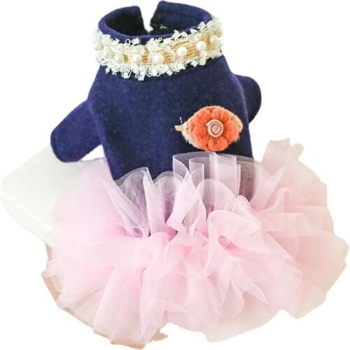 Pearl Neck Decor Girl Dog Clothes Cat Costumes Teddy Princess Tutu Dog Dress Coat Autumn Winter Warm Dress For Small Pet Puppy