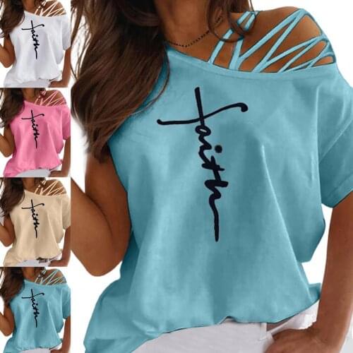 Women Chic Letter Print One Off Shoulder Strappy Slant Collar Blouse T-shirt Streetwear for Gathering