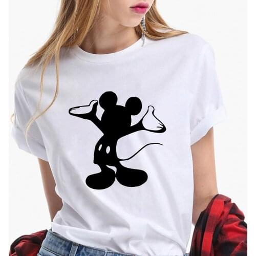 Women T Shirt Summer Short Sleeve Loose White O-neck Tshirts Mickey Mouse Print Cartoon Kawaii Tee Shirts Streetwear Clothes