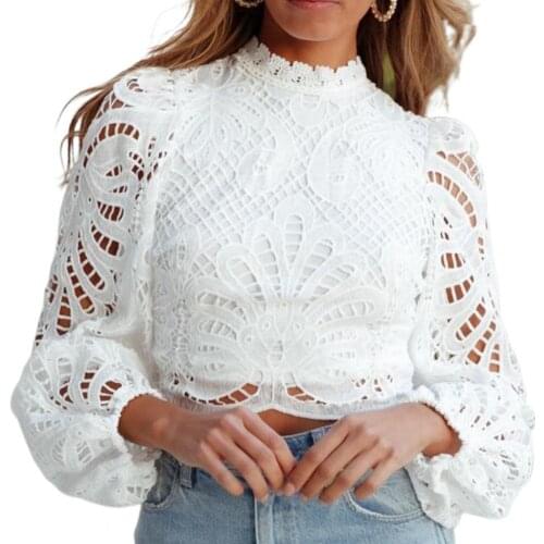 Autumn Lace Women Blouse Hollow Out Long Sleeve Elegant Office Tops Plus Size O-Neck Casual Spring Blouse Dating