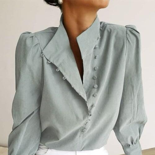 Elegant Turtleneck Puff Sleeve Womens Blouses Long Sleeve Single Breasted Female Blouse 2021 Spring Solid Casual Ladies Clothes