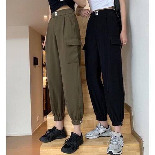 Womens Cargo Pants High Elastic Waist Cool Female Ankle-length Pockets Harem Pant 2021 Spring Casual Harajuku Trousers For Girl