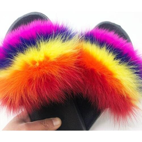 Fox Fur Slippers Women Fluffy Slippers Fur Ladies Slippers Women Fur Slides Beach Furry Sandals Fluffy Flip-Flops 36-45 Big Size