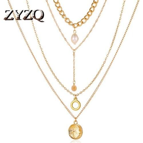 ZYZQ European and American Hot Selling Multi-Layer Metal Thick Chain Necklace For Women Retro Imitation Pearl Pendant Necklace