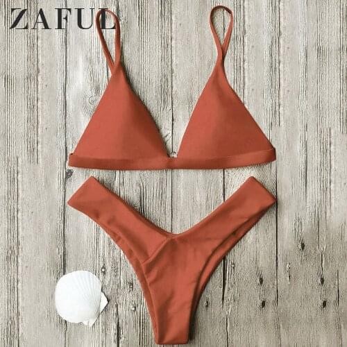 ZAFUL Bikini Spaghetti Straps Soft Pad Thong Bikini Set Low Waisted Solid Padded Swimsuit Push Up Swimswear Women Bikini 2020