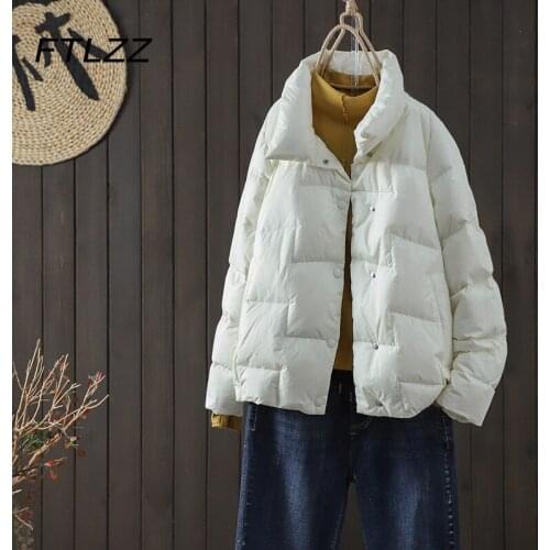 2021 Autumn Winter Jacket Women Loose Casual Lapel Warm White Duck Down Coat Fall Female Stand Collar Single-breasted Short Coat